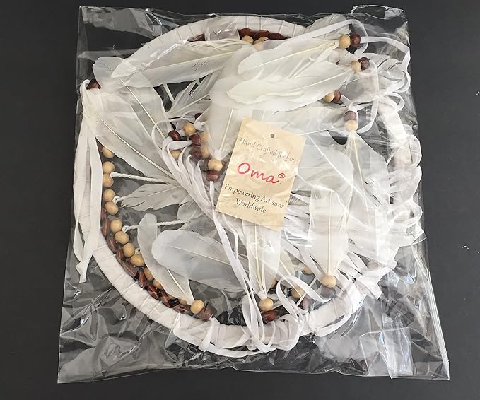OMA Dream Catcher, Tree of Life Design with Feathers and Beads, White Suede Authentic Traditional Dream Catcher Boho Home Decor Bedroom Decoration Gift - Large Size - 36" Long x 11" Diameter (Black)
