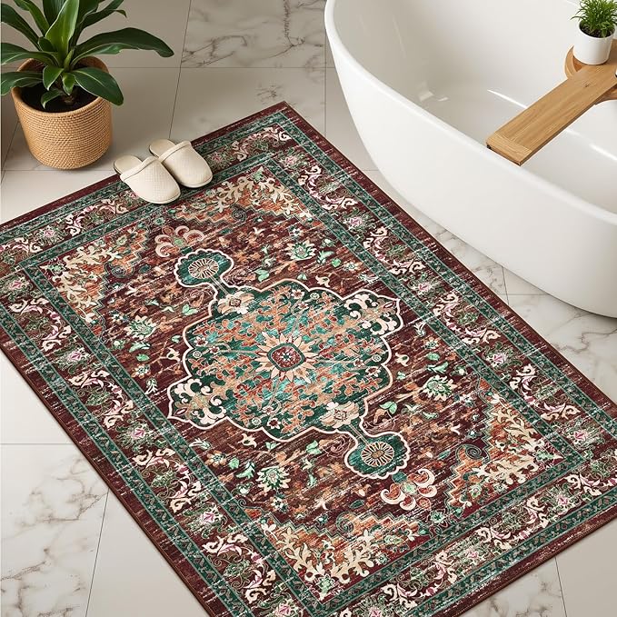 U'Artlines Boho Vintage Area Rug 3x5 Machine Washable Low Pile Ultra-Thin Soft Floor Carpet Non Slip Non Shedding Accent Rug for Living Room Bedroom Entryway Dining Room Office Rust＆Teal