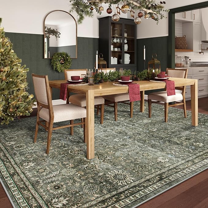 Lahome Large Dark Olive Green Area Rugs, Washable Area Rugs 9x12 Living Room, Boho Bedroom Mats Under Bed, Soft Stain Resistant Non-Shedding Thin Carpet for Dining Room Apartment