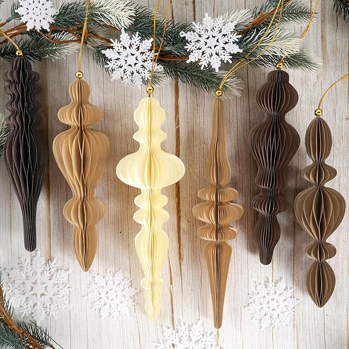 6Pcs Christmas Honeycomb Ornaments for Tree, 3D Paper Honeycomb Hanging Decorations Vintage Finial Christmas Ornaments Lanterns for Xmas Tree New Year Holiday Party Home Decor, Brown Khaki Beige