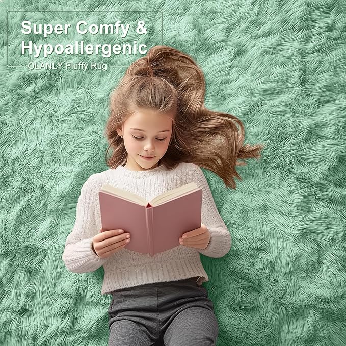 OLANLY 2x5 Machine Washable Runner Rugs for Hallway, Soft Fluffy Shaggy Bedside Rugs for Bedroom, Living Room, Indoor Floor Carpet for Kids Girls Boys, Nursery Rooms, Home Decor Aesthetic, Mint Green