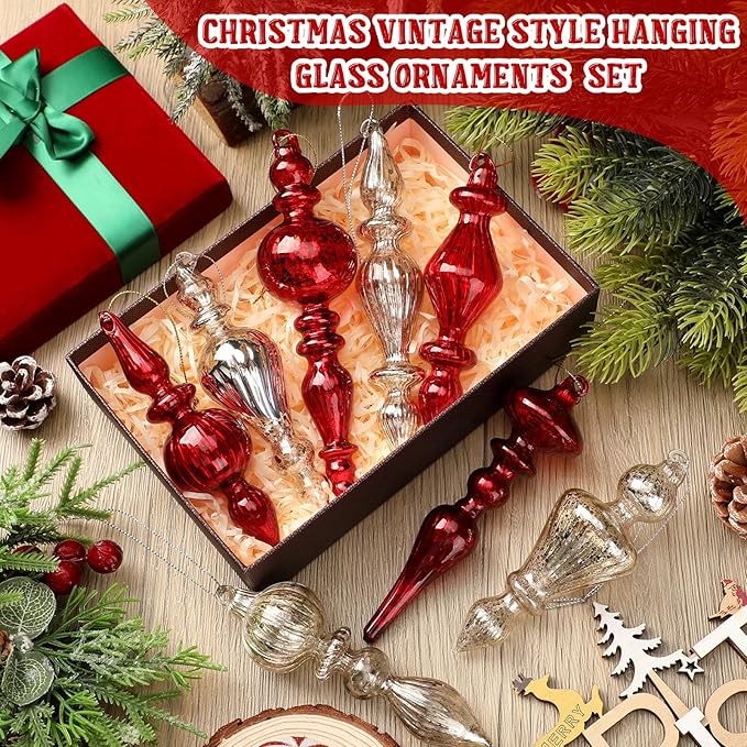 Mifoci 8 Pcs 6 Inch Mercury Glass Finial Christmas Ornaments Hanging Christmas Finials Glass Ornaments Assorted Mercury Decor for Vintage Holiday Xmas Tree Decoration(Red, Silver)