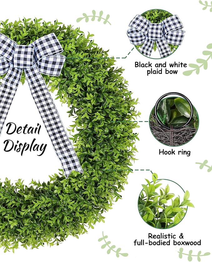 Vlorart 32" Faux Boxwood Wreath, Artificial Large Boxwood Wreaths Front Door, Spring Summer Waterproof Green Wreath Hanging with A Bow for Wall Farmhouse Outside Window Wedding Party Decor Year Round