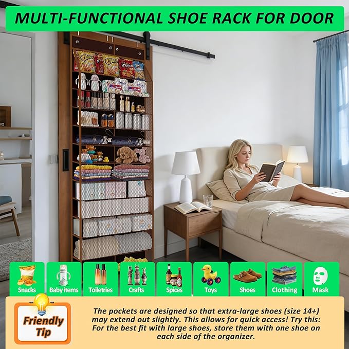 24-Pair Over Door Shoe Organizer for Family & Kids, Double Sided | Hanging Storage for Sneakers, Boots, Toys & Room Organization-Pearl Whitet-Walnut Brown