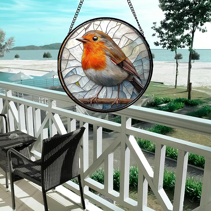 Stained Glass Window Hanging - Orange Grey Robin Sun Catcher for Door Garden Home Decor Bird Lovers Suncatcher Christmas Mother's Day Birthday Gifts for Women Men Mom Nana 7.8 in
