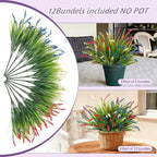 Artificial Faux Plants for Outdoor Spring Decoration, 12 Pcs Fake Monkey Grass for Garden Porch Balcony Planters, Fake Flowers Shrubs UV Resistant No Fade Plants Greenery Bush (Red Blue White)