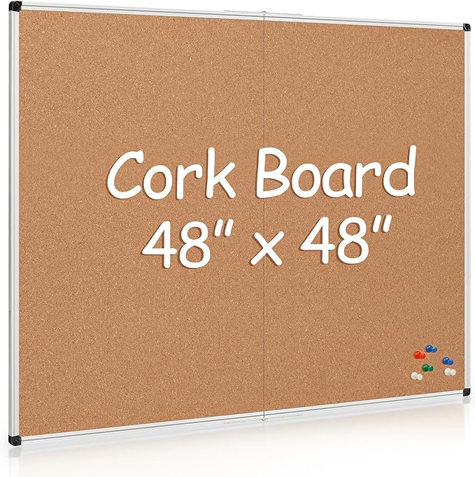 Extra Large Cork Bulletin Board 48" X 48", Foldable Notice Pin Board for Wall, Silver Aluminum Framed 4'x4' Corkboard, Wall Mounted Noticeboard with 36 Push Pins for School, Home & Office