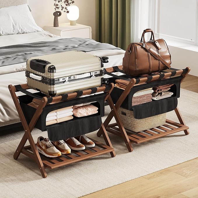 Full Assembled 26.77" L Luggage Rack for Guest Room, Set of 2 Foldable Suitcase Stand with 5 Nylon Straps & Cloth Bag, Luggage Stand Holder with Shoe Shelf for Suitcases Hotel (Walnut Bamboo)