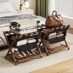 Full Assembled 26.77" L Luggage Rack for Guest Room, Set of 2 Foldable Suitcase Stand with 5 Nylon Straps & Cloth Bag, Luggage Stand Holder with Shoe Shelf for Suitcases Hotel (Walnut Bamboo)