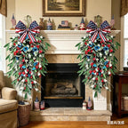 2 Pack 21'' 4th of July Swag Wreaths for Cabinets Independence Day Floral Teardrop Wreath with Artificial Flower and Eucalyptus Leaves Wreath Hanger for Farmhouse Front Door Porch Window Wall