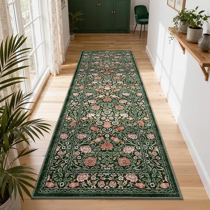 GarveeHome Dark Green Vintage Floral 2x6 Runner Rug Washable Kitchen Rugs Non Slip Boho Long Rug for Hallways Bedroom Entryway Bathroom Mat with Rubber Back