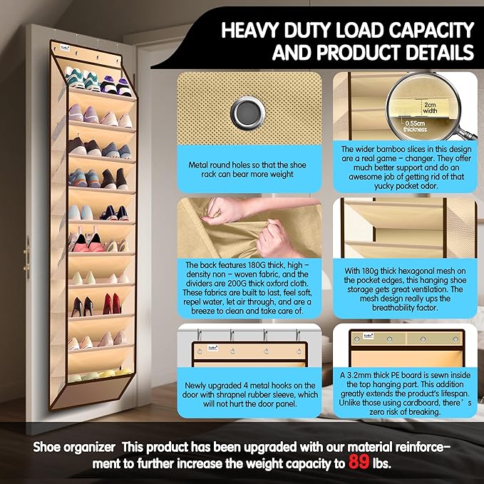10 Tier Over The Door Organizer - Heavy Duty Hanging Storage Rack with Sturdy Oxford Fabric, Holds 20+ Pairs of Footwear, Boots & Sneakers, Saves 50% Closet Space(Beige)