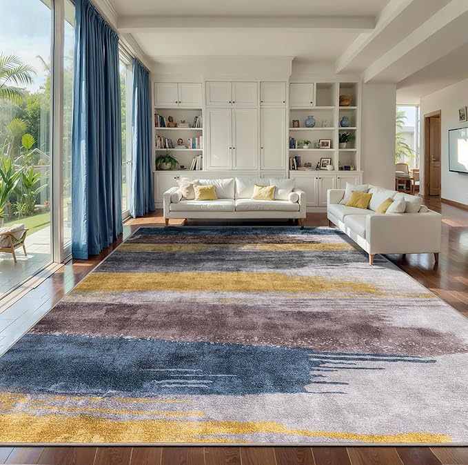Ciicool Modern Abstract Yellow Grey Rug for Living Room, 9'x12' Machine Washable Area Rug Non-Slip Rug, Low-Pile Contemporary Indoor Dining Floor Carpet for Bedroom Office Under Table Home Decor