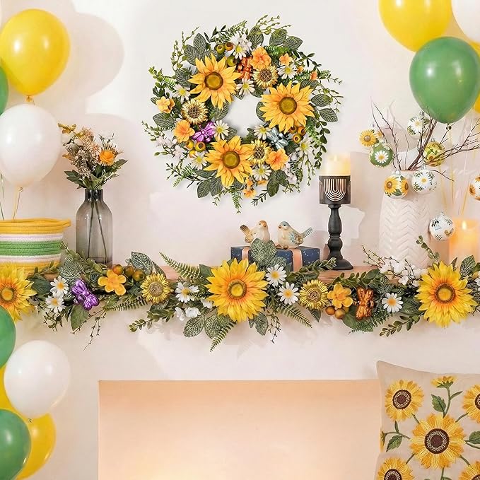 DecorbyHannah Spring Sunflower Summer Wreaths for Front Door Outside All Season, 18 Inch Artificial Flower Door Wreaths with Daisy and Bee, Sunflower Decor for Home Porch, Wedding Housewarming Gifts