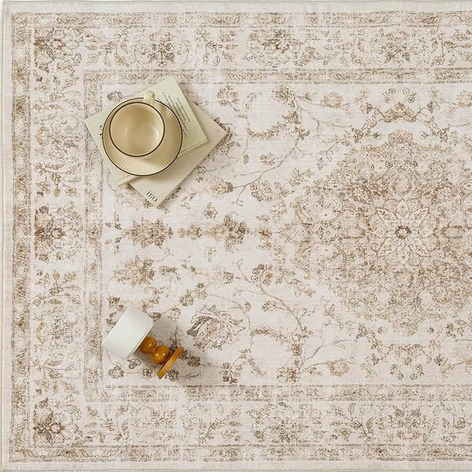 2x6 Beige Runner Rug Washable Hallway Vintage Carpet Kitchen Distressed Small Long Non Slip Low Pile Thin Bedroom Medallion Accent Throw Rug Laundry Living Room