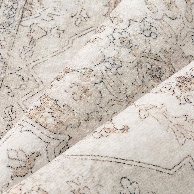 Beige Runner Rug 2'6"x12' Washable Vintage Carpet Hallway Kitchen Soft Retro Low Pile Thin Indoor Bedroom Non Slip Oriental Medallion Long Throw Rug for Bathroom Laundry Dining Room