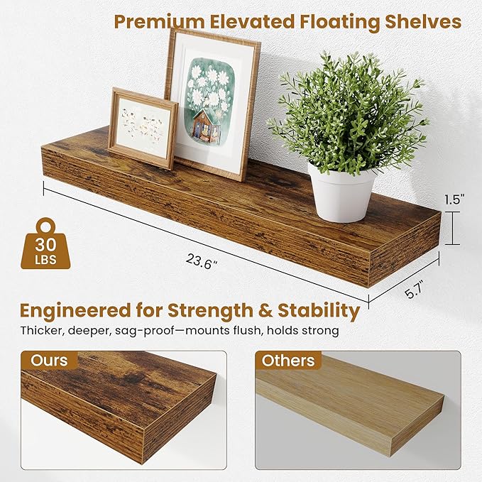 Fun Memories Floating Shelves Set of 2, 24 Inch Floating Shelves for Wall, Wood Wall Shelves with Invisible Brackets, for Bathroom, Bedroom, Living Room, Kitchen, Rustic Brown