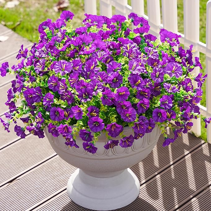 Artificial Flowers Fake Plants for Outdoors Decoration, 12 Bundles Purple Silk Morning Glory with Eucalyptus Realistic UV Resistant Faux Flowers Greenery for Outside Planter Yard Garden Home Indoor