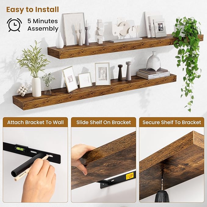 Fun Memories Floating Shelves 48 Inch, Extra Large Wood Shelf Set of 2, Hanging Wall Shelves for Bathroom, Living Room, Kitchen, Bedroom, Rustic Brown