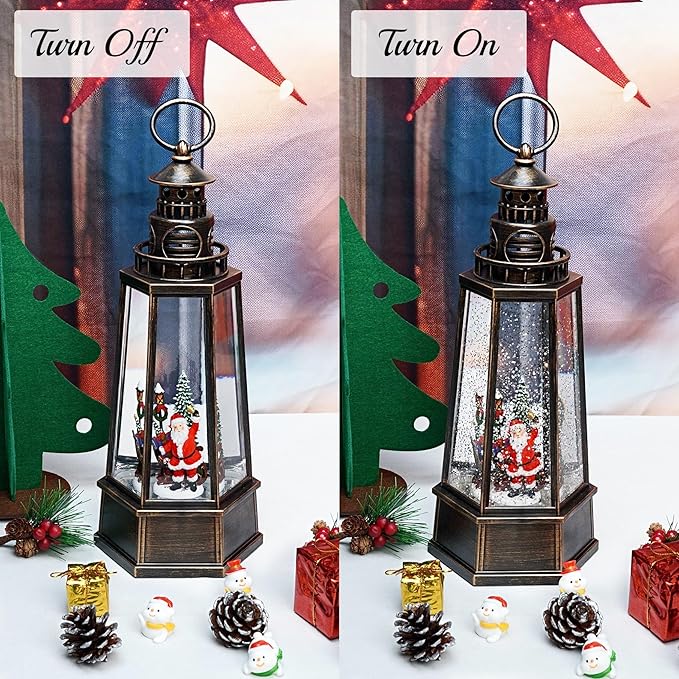 13.5'' Christmas Santa Snow Globe, Retro Lighthouse Style Musical Lighted Water Lantern, Decoration with Swirling Glitter, USB Powered and Battery Operated, Xmas Home Décor Gift