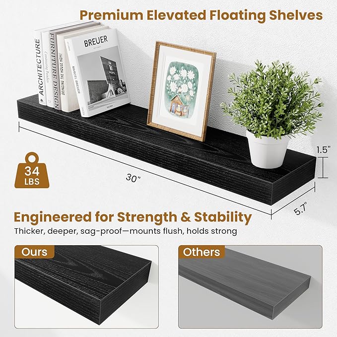Fun Memories Floating Shelves 30 Inch, Wall Mounted Wood Shelf Set of 2, Farmhouse Decor for Bathroom, Bedroom, Kitchen, Living Room, Black
