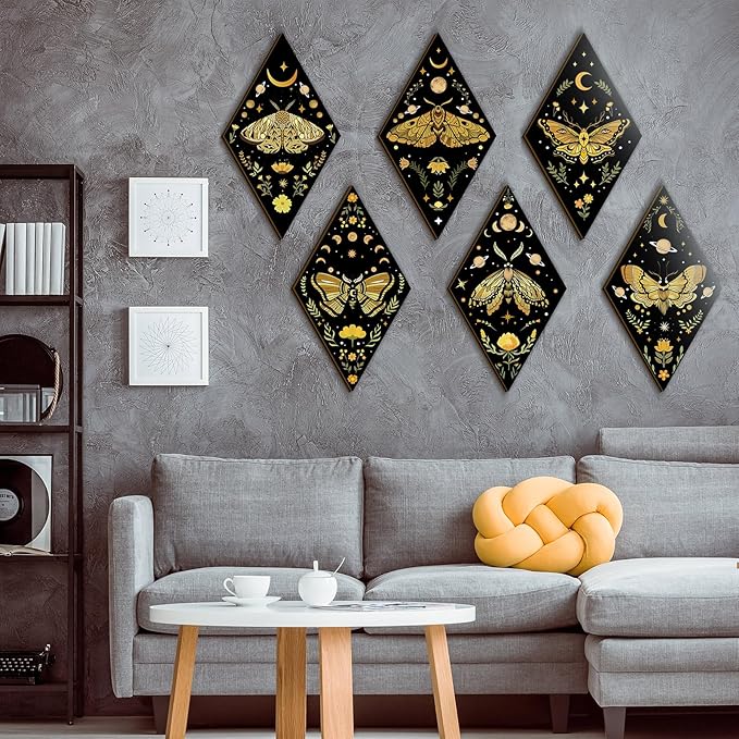 Sintuff 6 Pieces Gothic Wall Decor Boho Sun Moon Phases Wall Art Gothic Minimalist Stars Sun Hanging Wooden Home Decor Farmhouse Pediments for Gallery Living Bedroom Room(Moth)