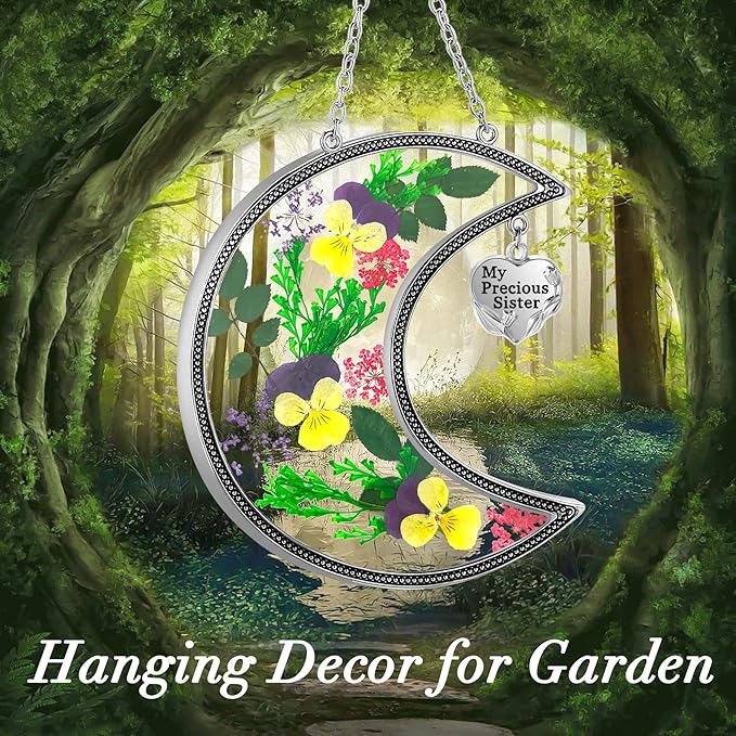KY&BOSAM Hanging Ornament, My Precious Sister Suncatcher with Pressed Flower, Silver Heart Charm - Mother’s Day, Birthday, Christmas Gift
