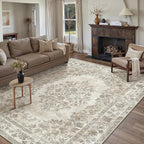 8x10 Area Rug Beige Washable Vintage Distressed Living Room Carpet Large Bedroom Indoor Medallion Floral Non Slip Retro Throw Floor Mat for Office Dining Room Kitchen Bathroom