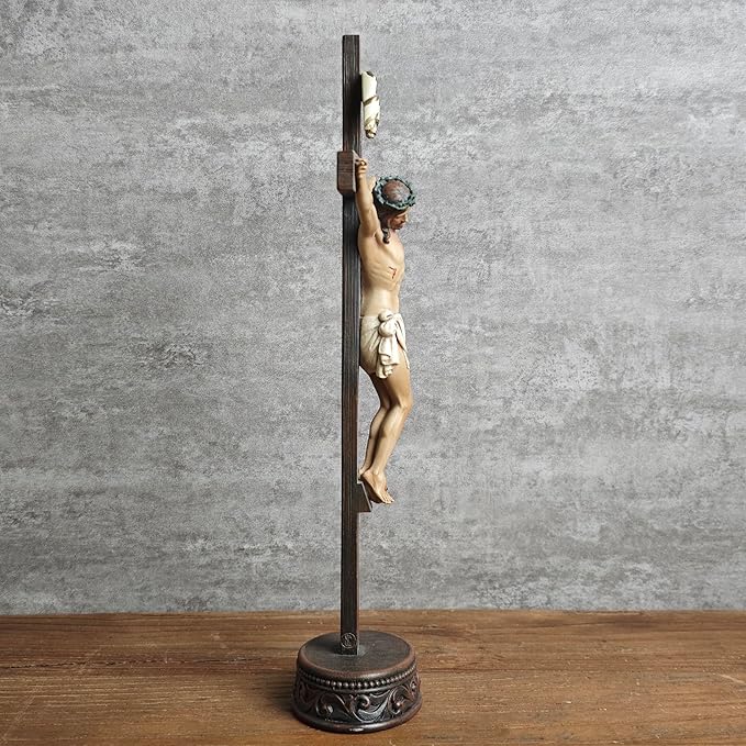 BC Catholic Crucifix Standing Cross, Jesus Christ tabletop Home Decor, Religious Gift, Wood Carve Looking, Realistic Finish, 10.9" H Hand Painted by Buildclassic