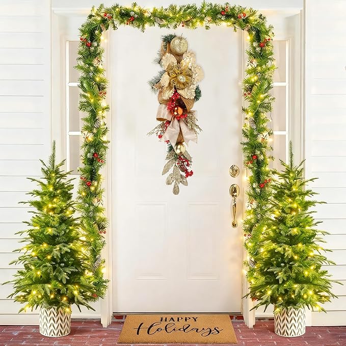 Gold Christmas Swag with Glitter Flowers, Ornaments, Pinecones and Ribbon Bow – 25.6" Teardrop Swag Christmas Front Door Decor Artificial Wall Door Hanging Holiday Decoration