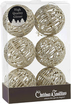 Christmas Traditions 4 inch Champagne Gold Glittered Rattan Ball Ornaments Hanging Tree Decorations (Set of 6) (Champagne Gold)