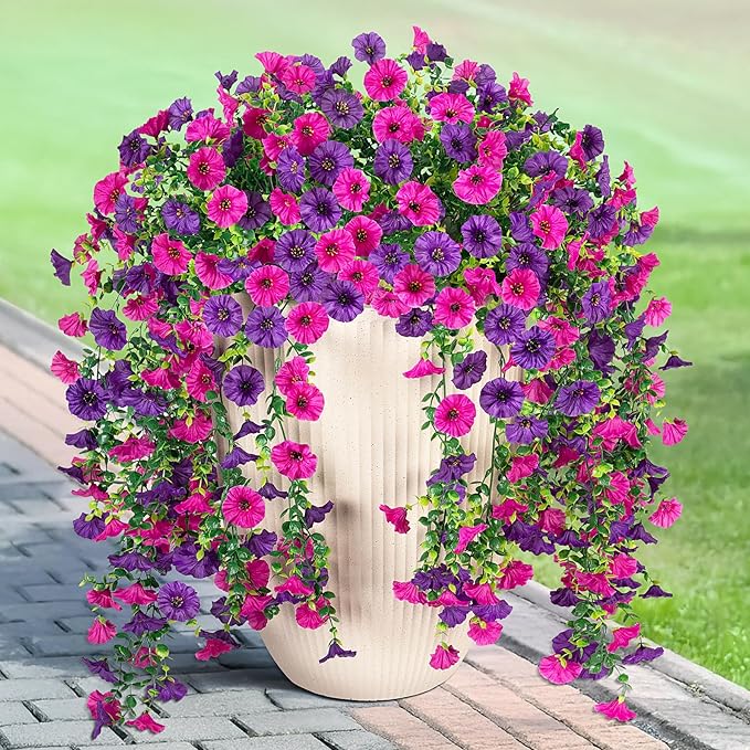 Artificial Hanging Petunias Flowers for Outdoor, 2pcs Fake Plants Long Vine Morning Glory Eucalyptus, UV Resistant Realistic Faux Greenery Indoor Outside Patio Porch Garden Spring Summer Decor, Purple