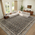 Washable 10x14 Area Rugs for Living Room, Boho Non-Slip Vintage Distress Large Rugs for Bedroom Dining Room Office, 0.3" Neutral Oriental Throw Thin Carpet, Black/Brown/Blue/Multi