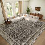 Washable 10x14 Area Rugs for Living Room, Boho Non-Slip Vintage Distress Large Rugs for Bedroom Dining Room Office, 0.3" Neutral Oriental Throw Thin Carpet, Black/Brown/Blue/Multi