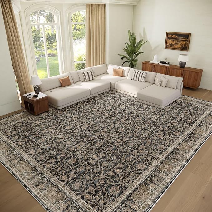 Washable 10x14 Area Rugs for Living Room, Boho Non-Slip Vintage Distress Large Rugs for Bedroom Dining Room Office, 0.3" Neutral Oriental Throw Thin Carpet, Black/Brown/Blue/Multi