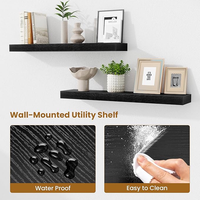 Fun Memories Bathroom Shelves 32 Inch Long Set of 2, Floating Shelves for Wall with Invisible Brackets, for Bedroom, Living Room, Kitchen, Black