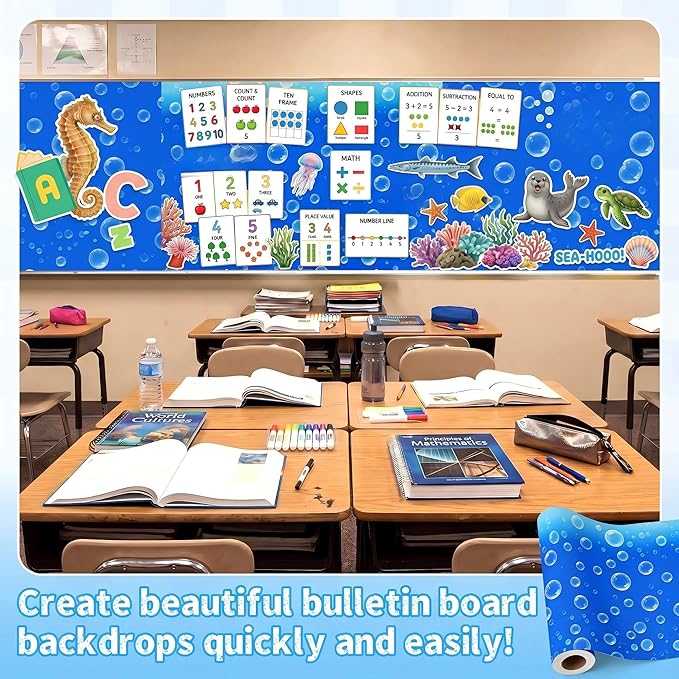 Hahafelt 1.3x39 ft Fabric Bulletin Board Roll Ocean Bubbles Bulletin Board Blue Non-Woven Reusable Waterproof Erasable Wrinkle Resistant Fabric Roll for Background Decor DIY Craft