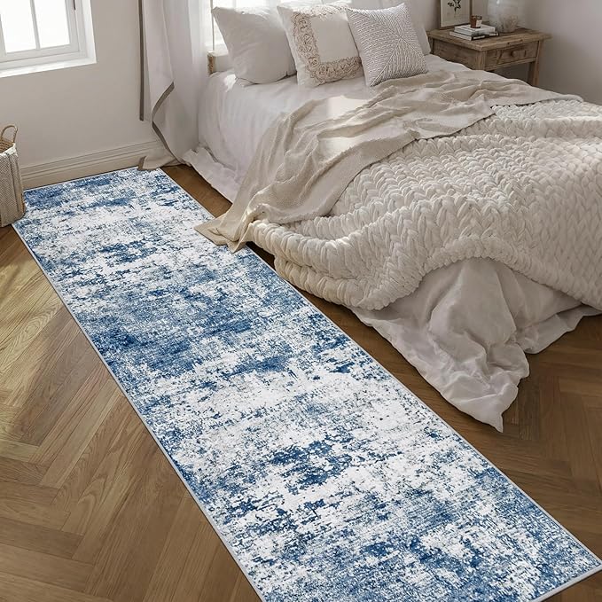 Washable Area Rug 3x14 Entryway Rug: Washable Modern Abstract Soft Thin Rug Indoor Floor No Slip Stain Resistant Carpet for Bedroom Dining Room Farmhouse Nursery Home Office - Blue