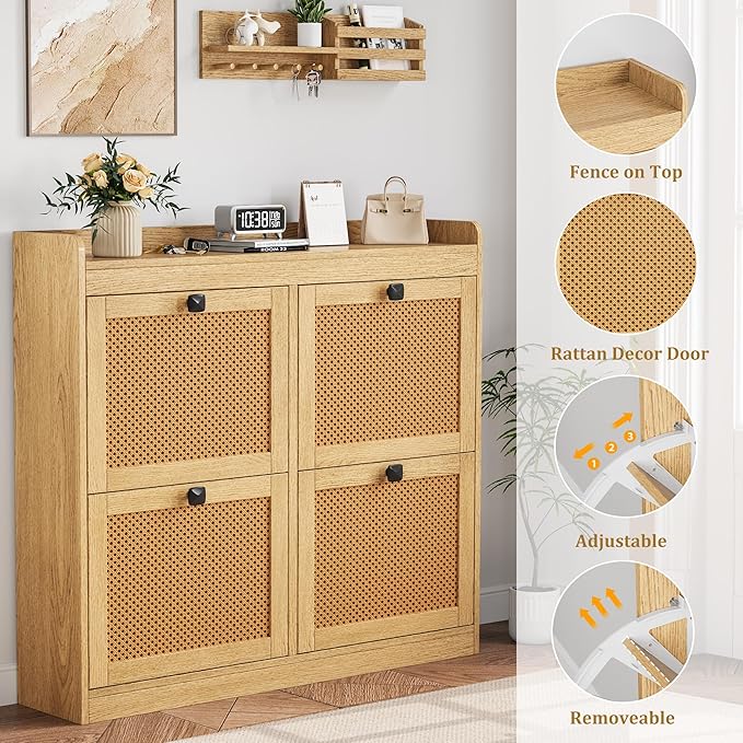 GarveeHome Shoe Cabinet Rattan with 4 Flip Drawers, Wooden Freestanding Shoe Organizer with Adjustable Shelves, Shoe Storage for Entryway, Closet, Hallway