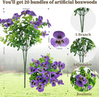 20 Bundles Artificial Fake Pansy Flowers for Outdoor - Yellow, White, Purple, Sunset red & deep pink Faux Pansies Flowers, Fake Flowers for Outdoor Planters, Porch, Garden, and Home Decoration