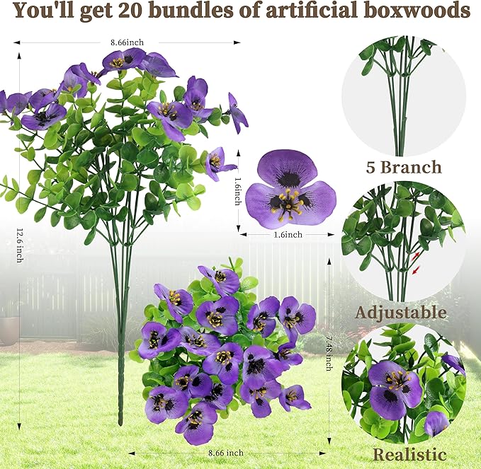 20 Bundles Artificial Fake Pansy Flowers for Outdoor - Yellow, White, Purple, Sunset red & deep pink Faux Pansies Flowers, Fake Flowers for Outdoor Planters, Porch, Garden, and Home Decoration