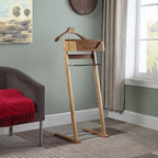 Proman Products Newport Suite Men Wooden Valet Stand VL37034 with Top Tray, Contour Hanger, Trouser Bar, and Shoe Rack, 18" W x 16" D x 46" H, Light Walnut