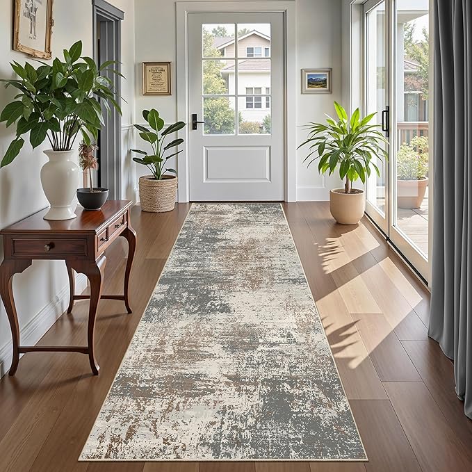 Ciicool 2'6"x10' Washable Runner Rug, Modern Abstract Hallway Rugs Runner, Non-Slip Thin Accent Rug Lightweight Grey Brown Distressed Carpet Runners for Laundry Entryway Bedroom Kitchen Indoor