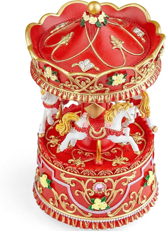 Christmas Carousel Music Box with Lights, Rotating Wind Up Musical Merry-Go-Round Figurine, Hand Painted Holiday Collectible Decor, Plays Jingle Bells, Gift for Kids, Girls, Women