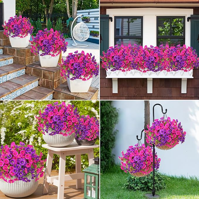 MARTINE MALL 24 Bundles Look Real Artificial Flowers for Outdoors, Realistic Fake Outdoor Flowers, UV Resistant Silk Petunia Flowers for Outside Faux Flowers Plants for Outdoor Porch, Purple+Fuchsia