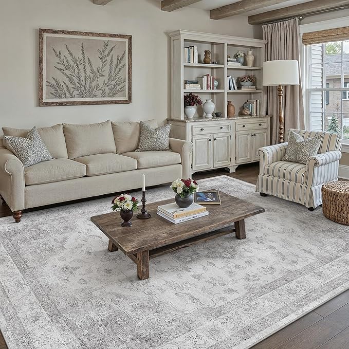 Gray Area Rug 5x8 Washable Living Room Carpet Vintage Non Slip Soft Bedroom Indoor Office Retro Grey Low Pile Thin Oriental Medallion Large Rug for Dining Room Bathroom Kitchen