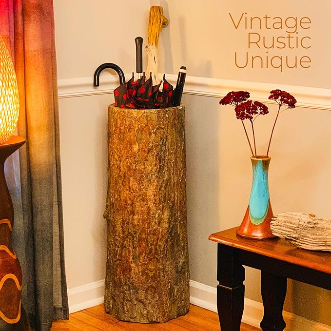 🌳 Vintage Farmhouse Umbrella Stand. Unique Indoor / Outdoor Walking Stick & Umbrella Holder. Rustic Home Entryway Log Bin.