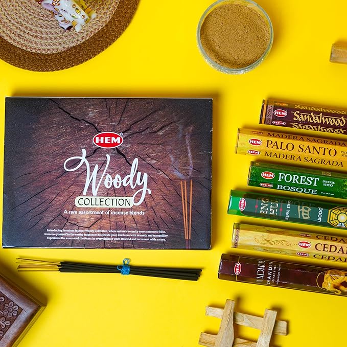 HEM Woody Series Premium Incense Sticks Combo | Sandalwood, Palo Santo, Forest, Feng Shui, Cedar & Madhur Chandan | 120 Sticks, 30-Minute Burn Time | Natural Aroma for Relaxation, Stress Relief