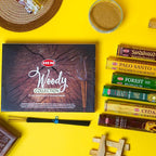 HEM Woody Series Premium Incense Sticks Combo | Sandalwood, Palo Santo, Forest, Feng Shui, Cedar & Madhur Chandan | 120 Sticks, 30-Minute Burn Time | Natural Aroma for Relaxation, Stress Relief