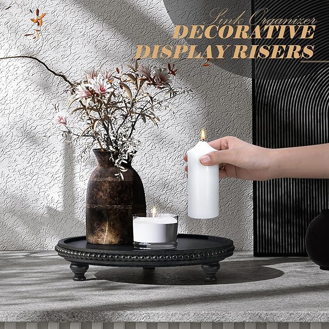 EOSAHR Rustic Round Pine Wooden Display Riser - Farmhouse Wood Riser with Beaded Edge for Plant Stand - Best Boho Chic Decor for Coffee Table , Pedestal Stand Soap Dispenser & Room Decor(Black)